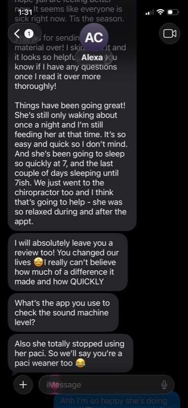 Text message screenshot from Alexa saying things have been going great, her daughter falls asleep quickly, and she'll absolutely be leaving a review