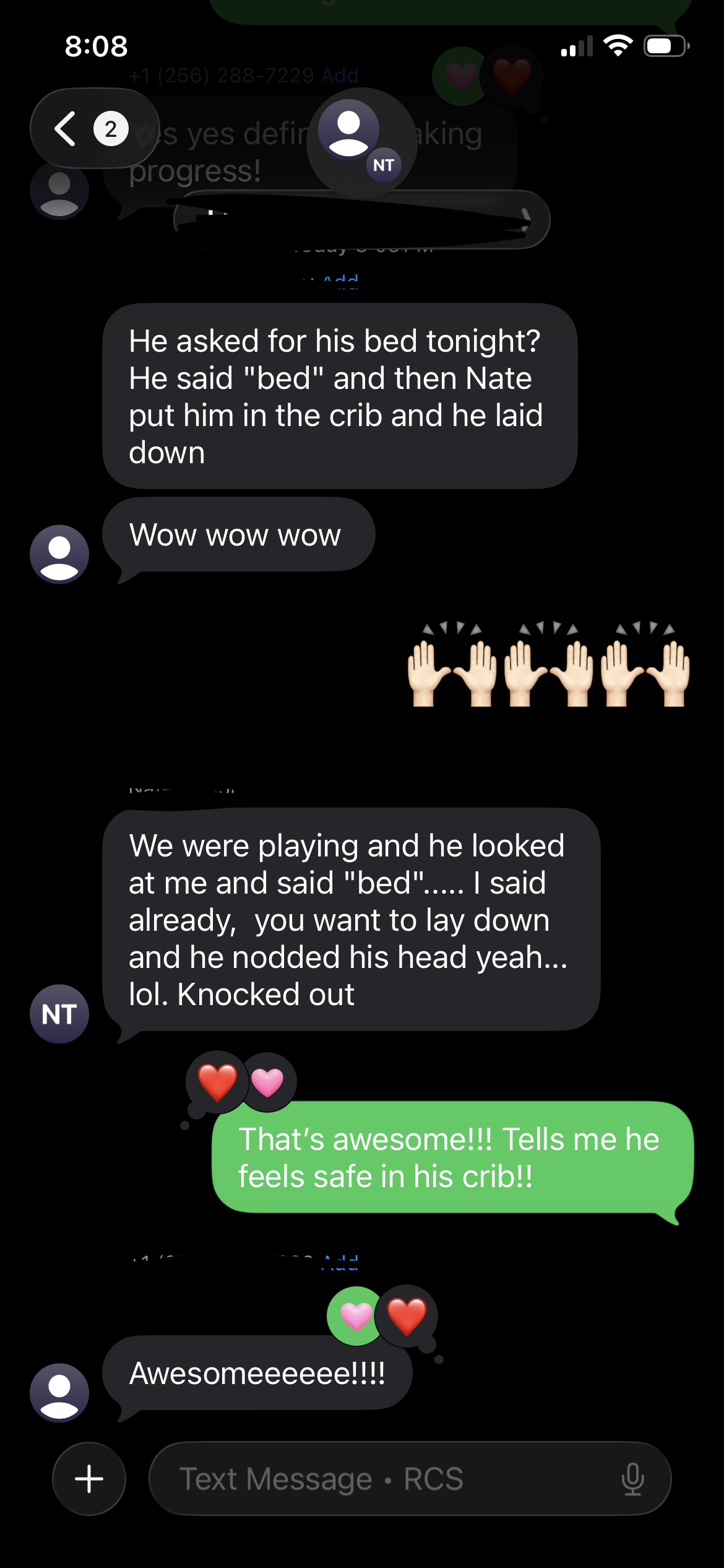 Text message screenshot of a mom sharing that her son said "bed," was placed in his crib, and laid down and fell asleep on his own