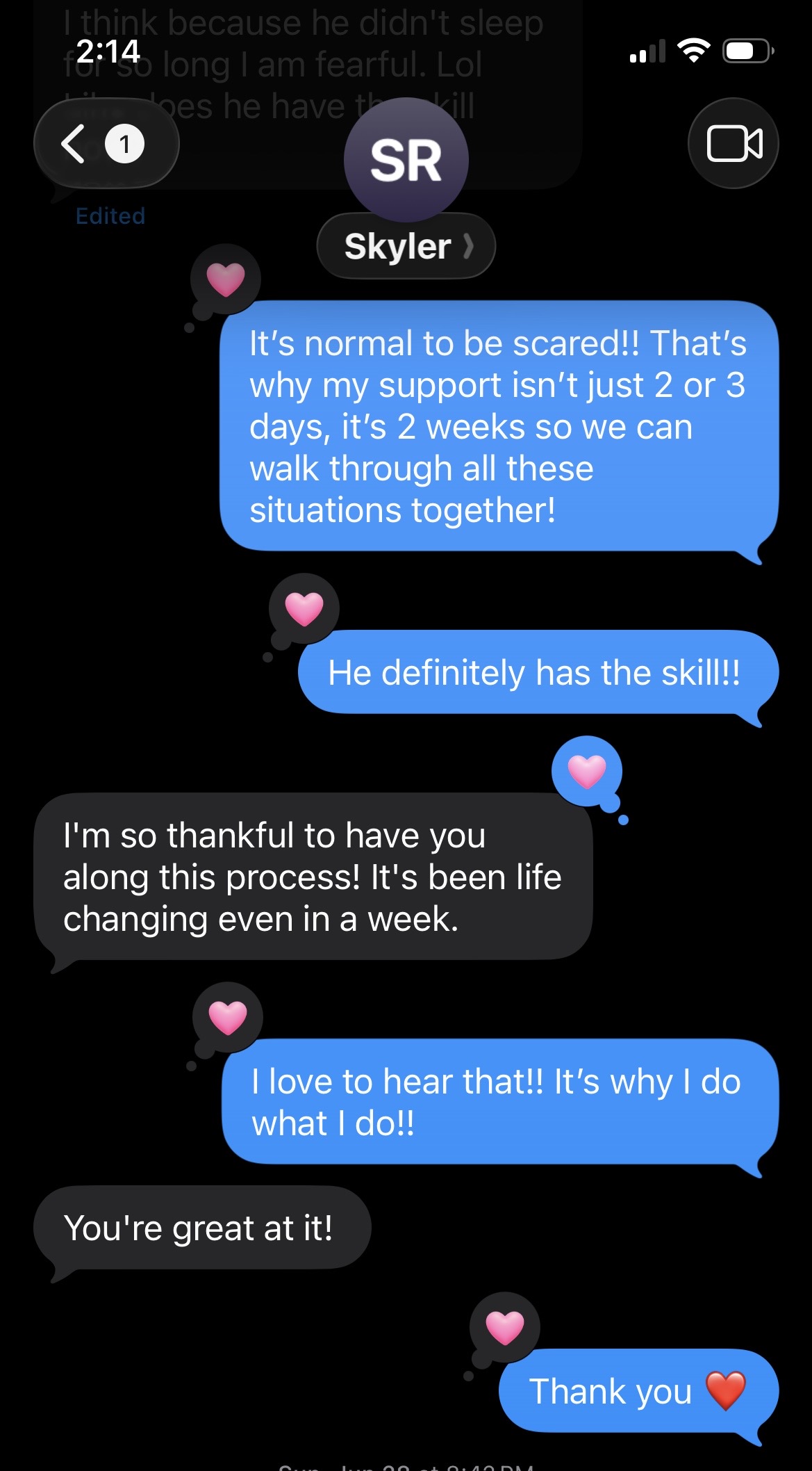 Text message screenshot from Skyler thanking Val for her support through sleep training, saying it's been life changing even in a week