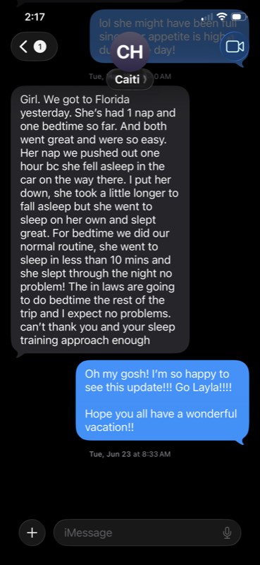 Text message screenshot from Caiti sharing that her daughter Layla napped and slept through the night with no problems, even while traveling