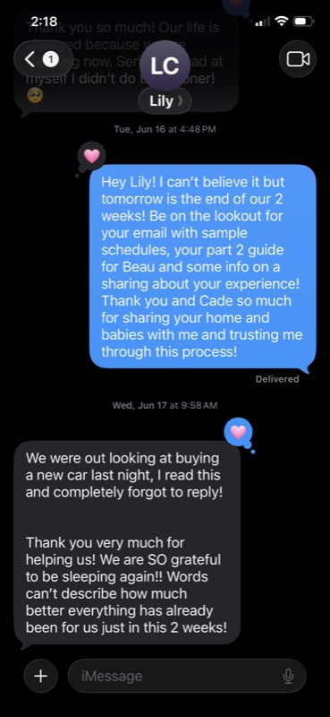 Text message screenshot from Lily thanking Val at the end of their two weeks together, saying they are so grateful to be sleeping again