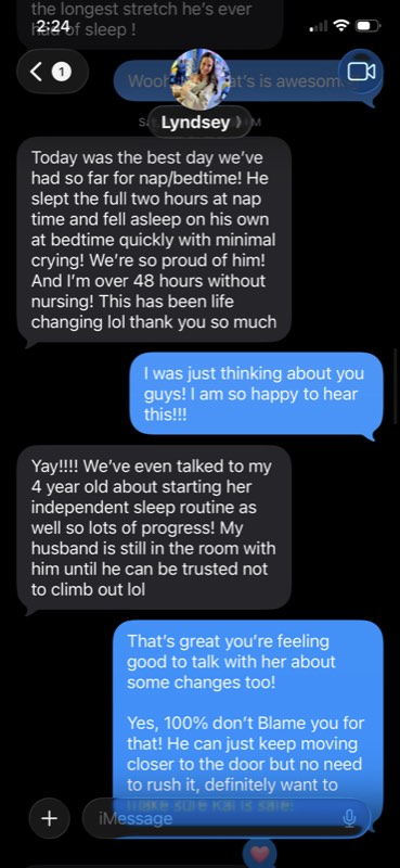 Text message screenshot from Lyndsey celebrating her son's best nap and bedtime day yet, and going over 48 hours without nursing him to sleep